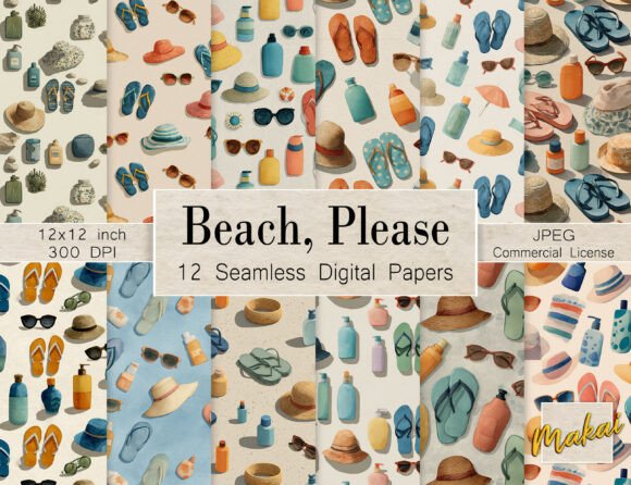 12 Seamless Watercolor Summer Beach